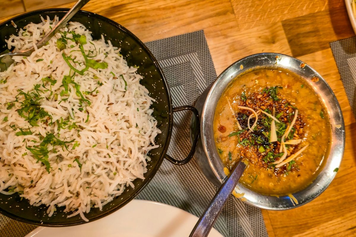 A bowl of dal served with rice